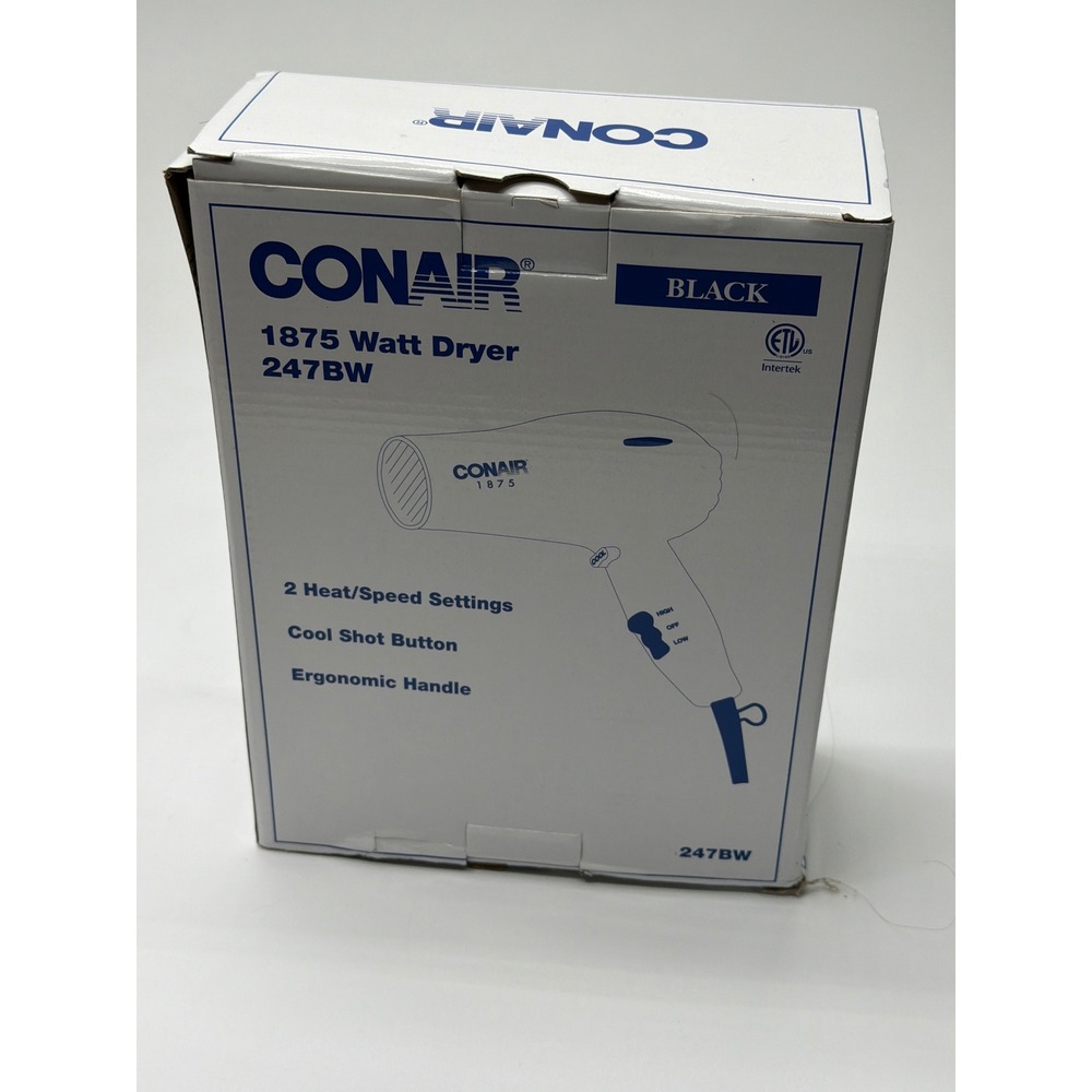 Conair 1875 Watt Hair Dryer Black 247BW 2 Heat Speed Settings Cool Shot‎ New